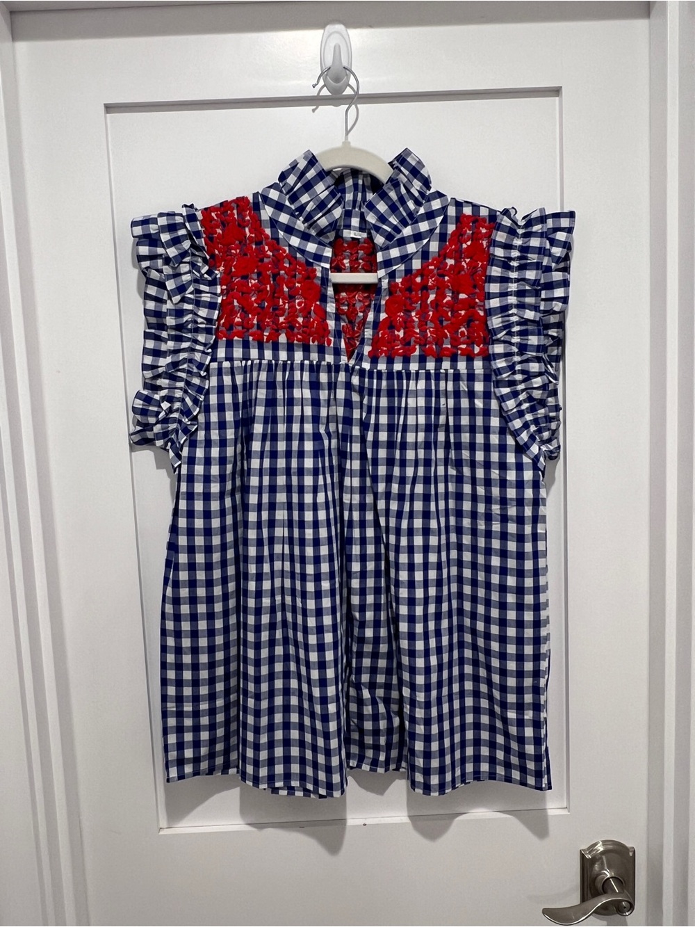 Spirit Dress Blue Gingham Sleeveless Blouse with Red Embroidered Yoke